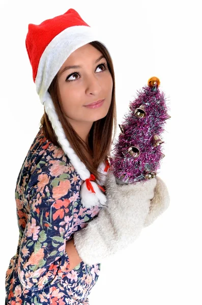 Frau Weihnachten jung schön lächelnd mit Weihnachtsmütze — Stockfoto