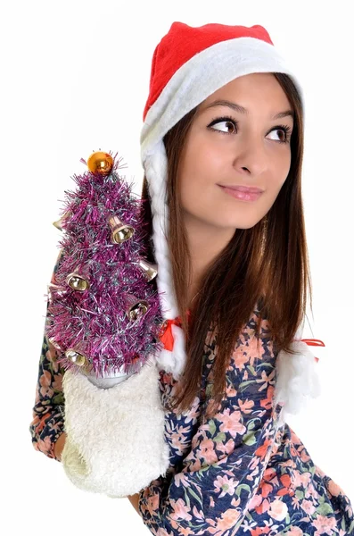 Žena vánoční mladé krásné, usmívá se santa klobouk — Stock fotografie