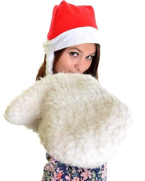 女人圣诞年轻美丽微笑着圣诞老人的帽子 — 图库照片