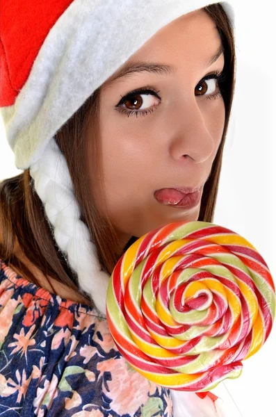 Frau Weihnachten jung schön lächelnd mit Weihnachtsmütze — Stockfoto