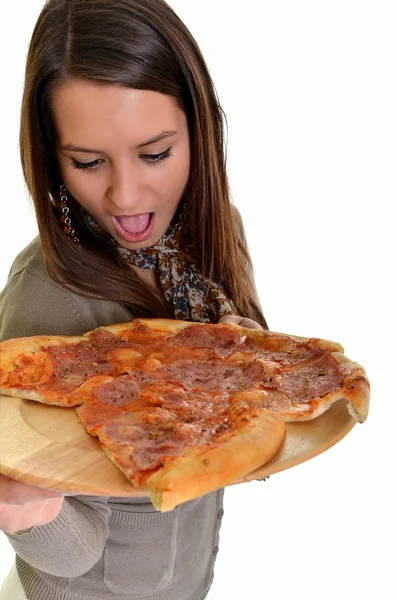 Chica comiendo pizza aislada en blanco — Foto de Stock