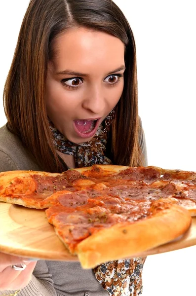 Дівчина їсть піцу ізольовано на білому — стокове фото