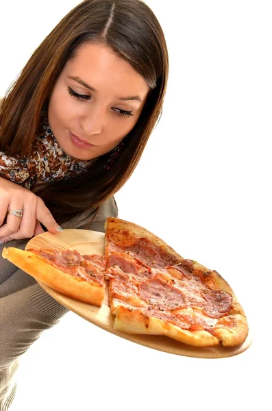 Dívka jíst pizzu izolovaných na bílém — Stock fotografie