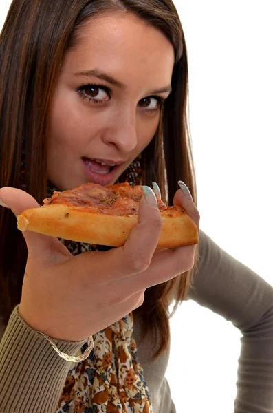 Meisje eten pizza geïsoleerd op wit — Stockfoto