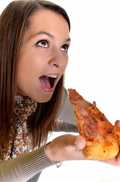 Fille manger pizza isolé sur blanc — Photo