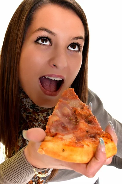 Menina comendo pizza isolada no branco — Fotografia de Stock