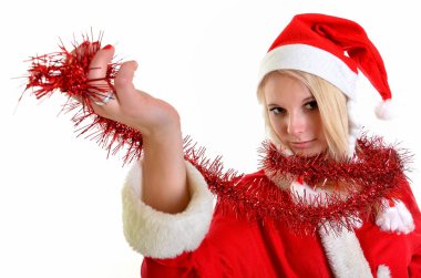 beyaz Noel Baba kostümü giyen güzel ve seksi sarışın kadın