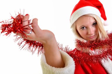 beyaz Noel Baba kostümü giyen güzel ve seksi sarışın kadın