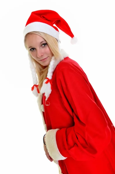 Vacker och sexig blond kvinna som bär santa klausul kostym på vit — Stockfoto