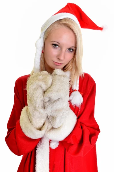 Mooi en sexy blonde vrouw draagt santa clausule kostuum op wit — Stockfoto
