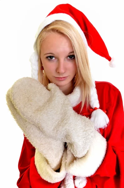 Krásná a sexy blond žena nosí kostým santa doložka na bílém pozadí — Stock fotografie