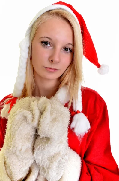 Belle et sexy femme blonde portant santa clause costume sur blanc — Photo