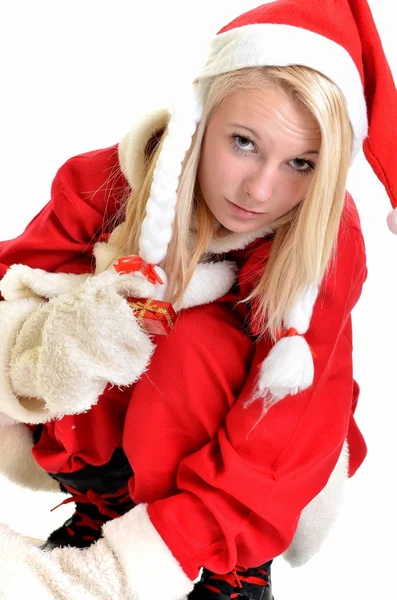 Beautiful and sexy blonde woman wearing santa clause costume on white — Stock Photo, Image
