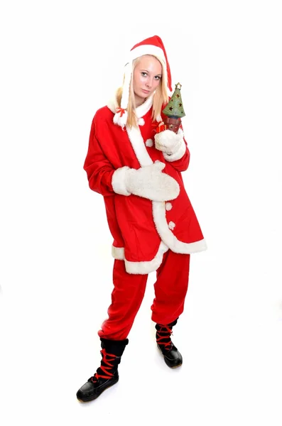Красивая и сексуальная блондинка в костюме Санта-Клауса на белом — стоковое фото