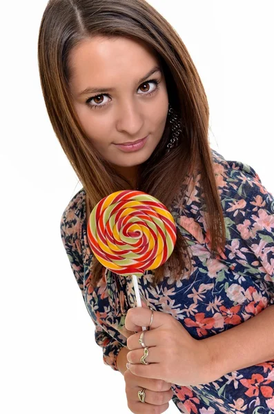 一根棒棒糖性感年轻的黑发女人 — 图库照片