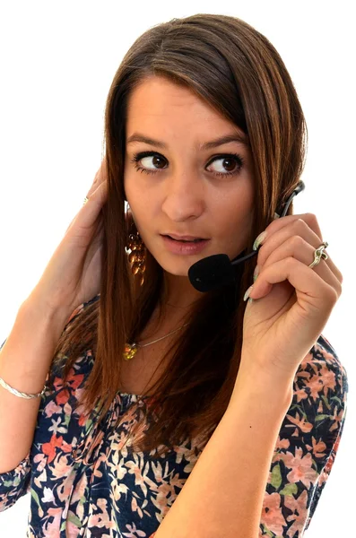 Hermosa mujer operador de servicio al cliente con auriculares, aislado en blanco b — Foto de Stock