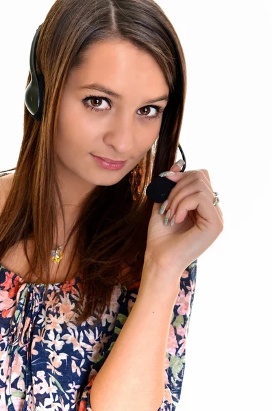 Mulher de operador de serviço ao cliente bonita com fone de ouvido, isolado em b branco — Fotografia de Stock
