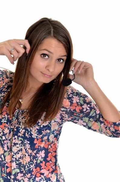 아름 다운 고객 서비스 운영자 여자 화이트 b에 고립 된 헤드셋 — 스톡 사진