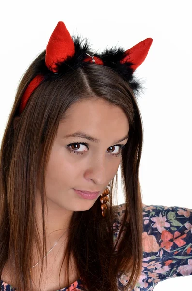 Chica bastante joven lleva un disfraz sexy diablo con un tridente, aislado —  Fotos de Stock