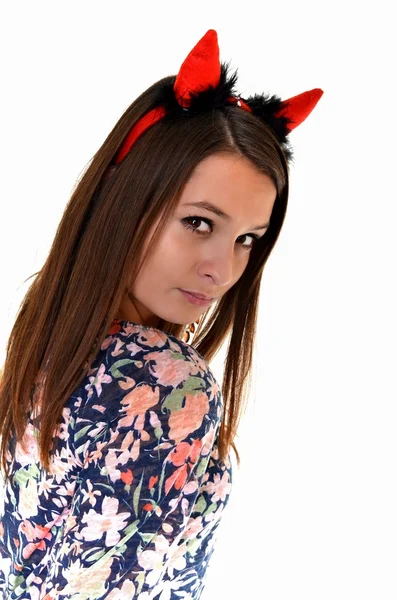 Pretty young girl is wearing a sexy devil costume with a trident, isolated — Stock Photo, Image