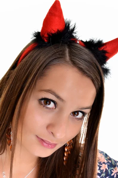 Csinos, fiatal lány visel egy szexi ördög jelmez a trident, elszigetelt — Stock Fotó