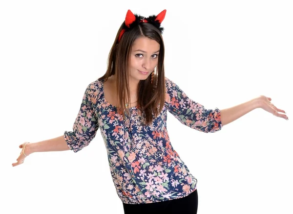 Chica bastante joven lleva un disfraz sexy diablo con un tridente, aislado — Foto de Stock