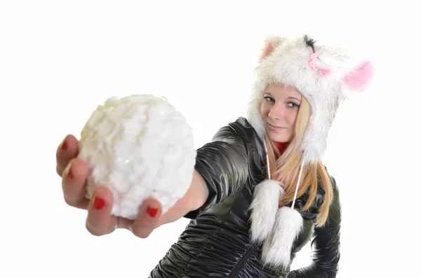 Beautiful woman in warm clothing with snowball closeup portrait — Stock Photo, Image