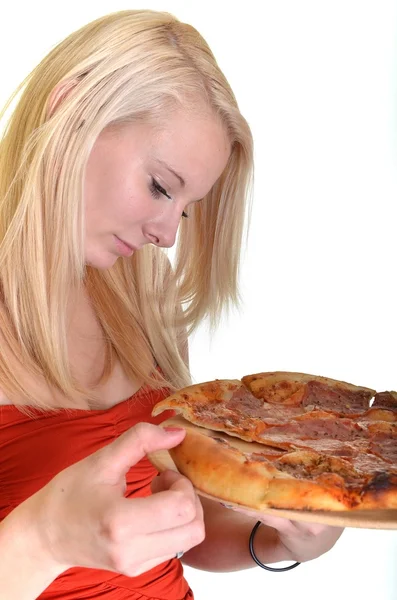 Kvinna med pizza Stockbild