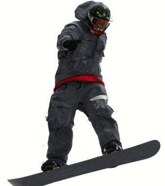 Snowboarder at jump inhigh mountains at sunny day. clipart