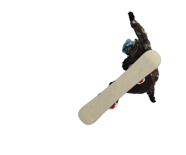 Snowboarder στο άλμα στα ψηλά βουνά την ηλιόλουστη μέρα. — Φωτογραφία Αρχείου