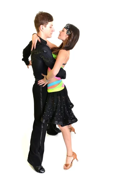 Dançarino salão dançando casal latino rumba branco — Fotografia de Stock