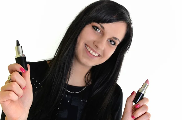 Pretty adult woman making make-up around the eyes. Model posing over white — Stock Photo, Image