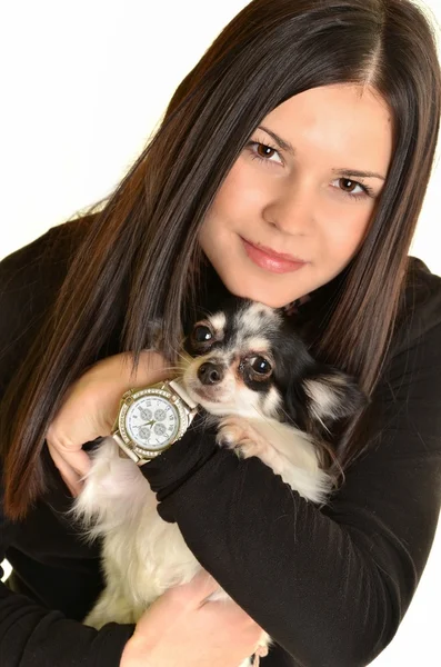 Menina posando em estúdio com seu pequeno cão — Fotografia de Stock