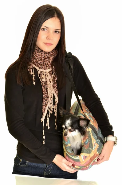 Kobieta z psem w torba podróżna — Zdjęcie stockowe