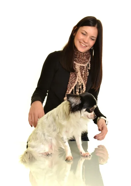 Девушка позирует в студии со своей маленькой собачкой — стоковое фото