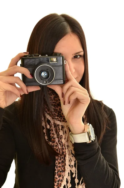 Kobieta z aparatem na białym tle — Zdjęcie stockowe