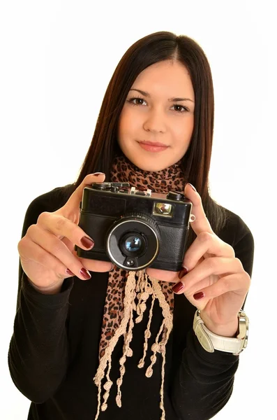 Woman with camera isolated — Stock Photo, Image