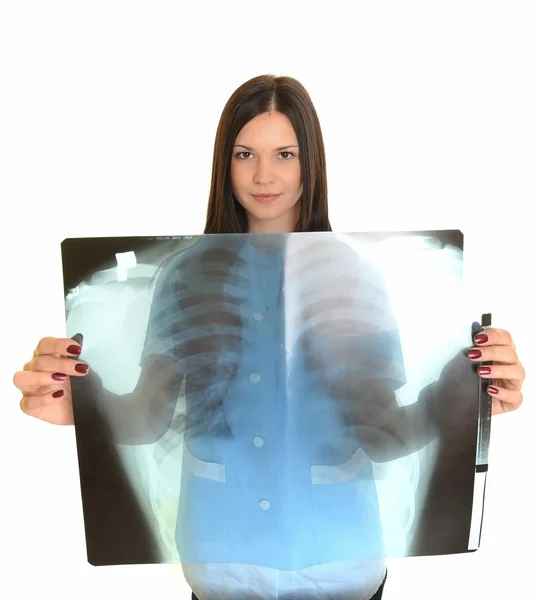 Młodych i miły lekarz oglądając x-ray pacjenta — Zdjęcie stockowe