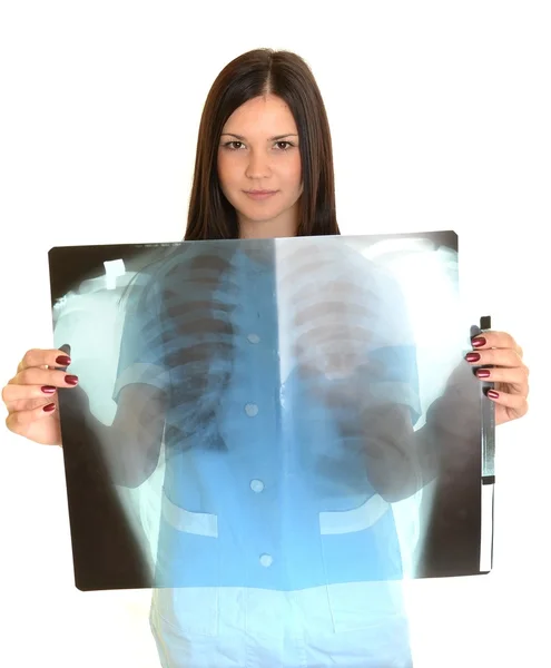 Fiatal és szép orvos figyeli a páciens röntgen — Stock Fotó
