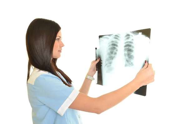 Ung och trevlig läkare tittar på en patient röntgen Stockbild