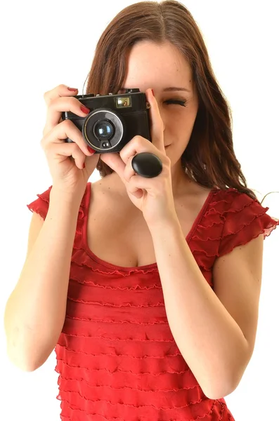 흰색 배경 위에 카메라와 함께 여자 — 스톡 사진
