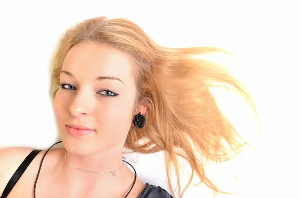 Jonge mooie sexy blond meisje op witte achtergrond — Stockfoto