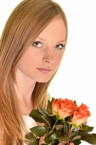 Όμορφη γυναίκα με τριαντάφυλλο sideview — Φωτογραφία Αρχείου