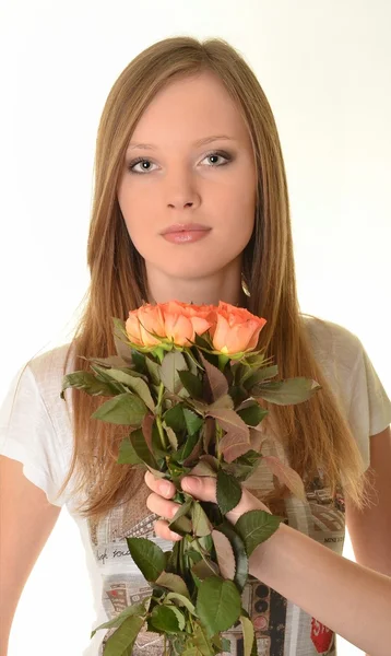 Beautiful woman with rose sideview — Stock Photo, Image