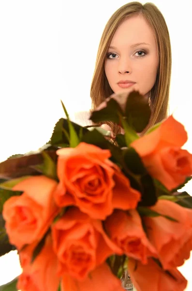 Piękna kobieta z róży było coupé. — Zdjęcie stockowe