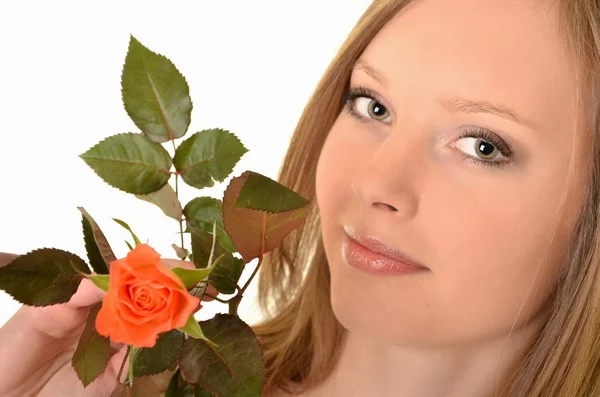 Beautiful woman with rose sideview — Stock Photo, Image