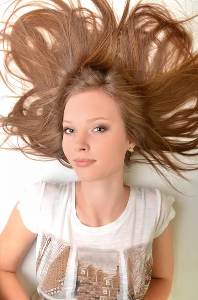 Teen girl beautiful cheerful enjoying isolated on white background — Stock Photo, Image
