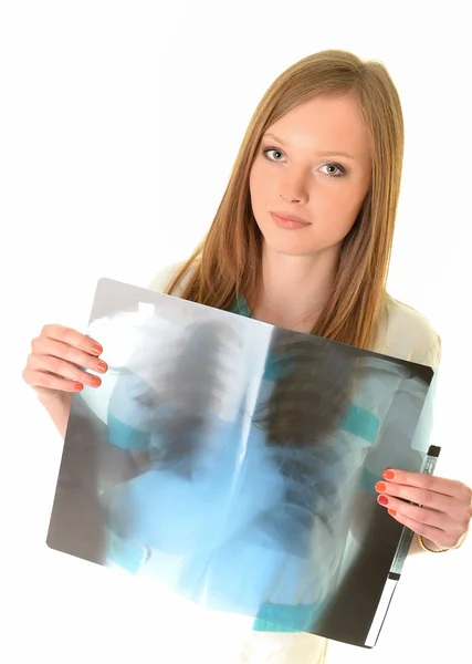 Női orvos megvizsgálja a röntgen — Stock Fotó