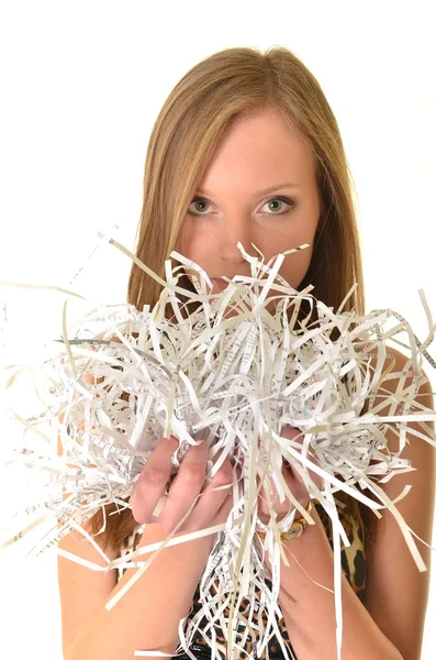 Mujer con papel rallado — Foto de Stock