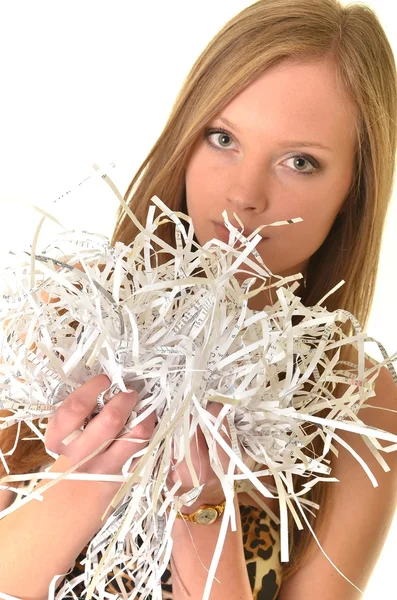 Mujer con papel rallado —  Fotos de Stock